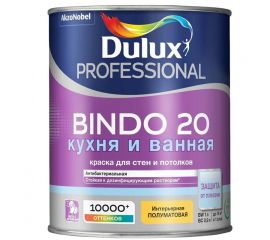 Краска Dulux Bindo 20 КУХНЯ И ВАННАЯ для стен и потолков, полуматовая, база BC, 0.9 л
