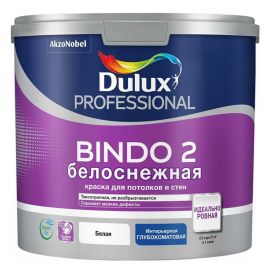 Краска Dulux Bindo 2 БЕЛОСНЕЖНАЯ для потолков и стен, глубокоматовая, 4.5 л