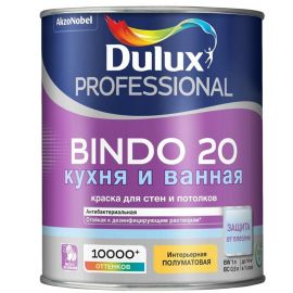 Краска Dulux Bindo 20 КУХНЯ И ВАННАЯ для стен и потолков, полуматовая, база BC, 0.9 л
