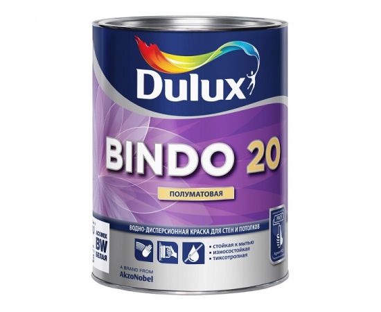 Краска Dulux Bindo 20 КУХНЯ И ВАННАЯ для стен и потолков, полуматовая, база BW, 1 л