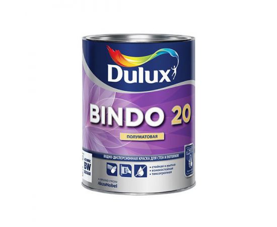Краска Dulux Bindo 20 КУХНЯ И ВАННАЯ для стен и потолков, полуматовая, база BW, 2.5 л
