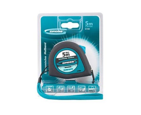 Рулетка Gross Ergonomisch, магнитный обрезиненный зацеп, 5 м х 25 мм