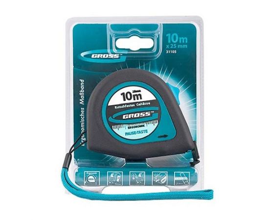 Рулетка Gross Ergonomisch, магнитный обрезиненный зацеп, 10 м х 25 мм