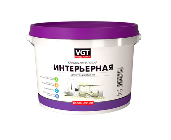 Краска VGT ВД-АК-2180 белоснежная интерьерная для стен и потолков, влагостойкая, 15 кг