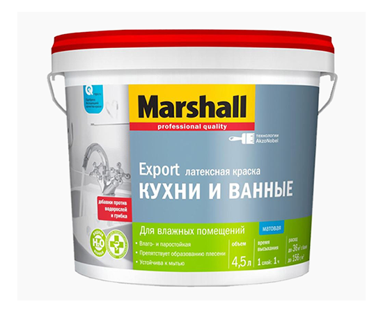 Краска латексная для влажных помещений MARSHALL Кухни и ванные, матовая, база BW, 0,9л