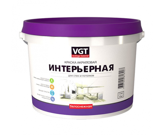 Краска VGT ВД-АК-2180 белоснежная интерьерная для стен и потолков, влагостойкая, 3 кг