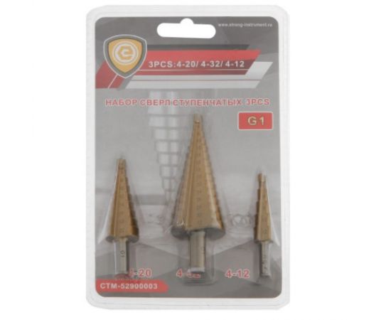 Набор сверл ступенчатых Strong G1, 3 предмета, 4-12 мм; 4-20 мм; 4-32 мм, СTМ-52900003