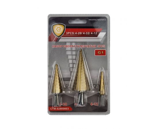 Набор сверл ступенчатых Strong G1, 3 предмета, 4-12 мм; 4-20 мм; 4-32 мм, СTМ-52900003