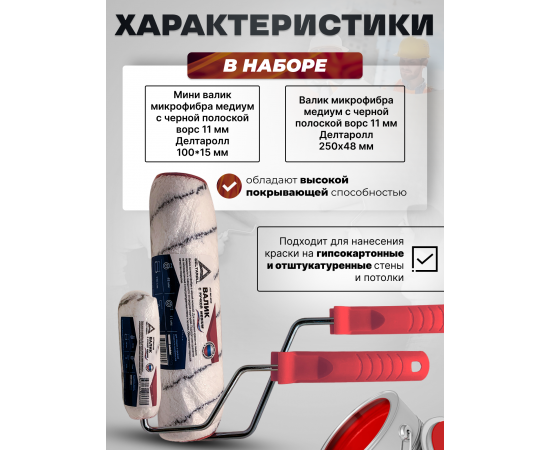 Комплект из 2 валиков Deltaroll: мини-валик 100 мм (1 шт.) RH14100 и валик 250 мм (1 шт.) RH14250