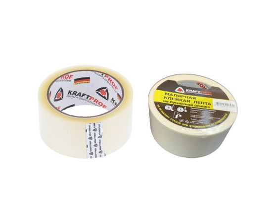 Клейкая лента скотч прозрачный KraftProf 50 мм х 66 м - 2 шт. + клейкая лента малярная KraftProf 50 мм х 50 м - 2 шт. Комплект из 4 шт.