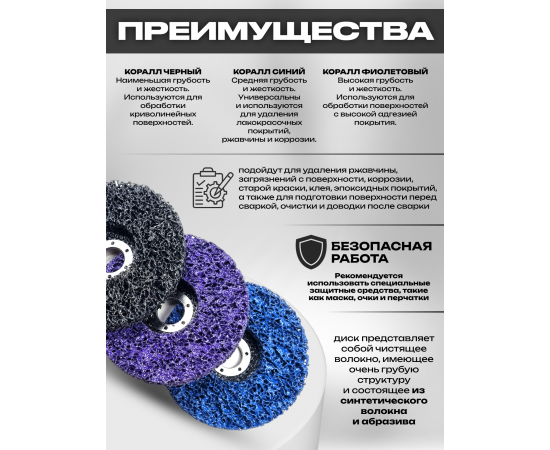 Комплект: Круг шлифовальный, коралл чёрный, 125х22.23 мм (1 шт.) + круг шлифовальный, коралл синий, 125х22.23 мм (1 шт.) + круг шлифовальный, коралл фиолетовый, 125х22.23 мм (1 шт.)